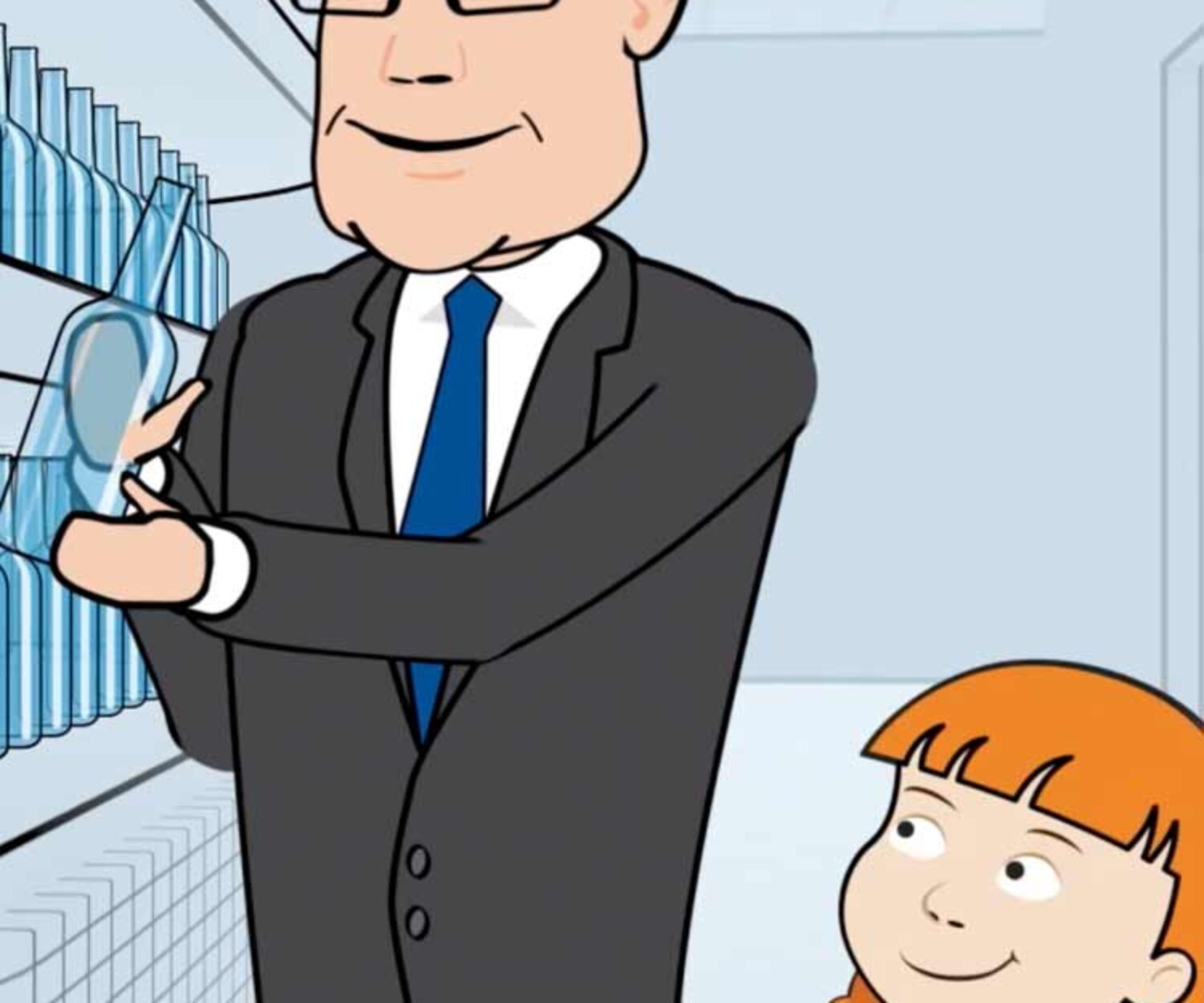 Illustration eines Mannes und eines Kindes vor einem Laufband mit leeren Flaschen. Titelbild eines von Sönke Feit mit 52° Film produzierten Erklärfilms für Cartonplast CPL.