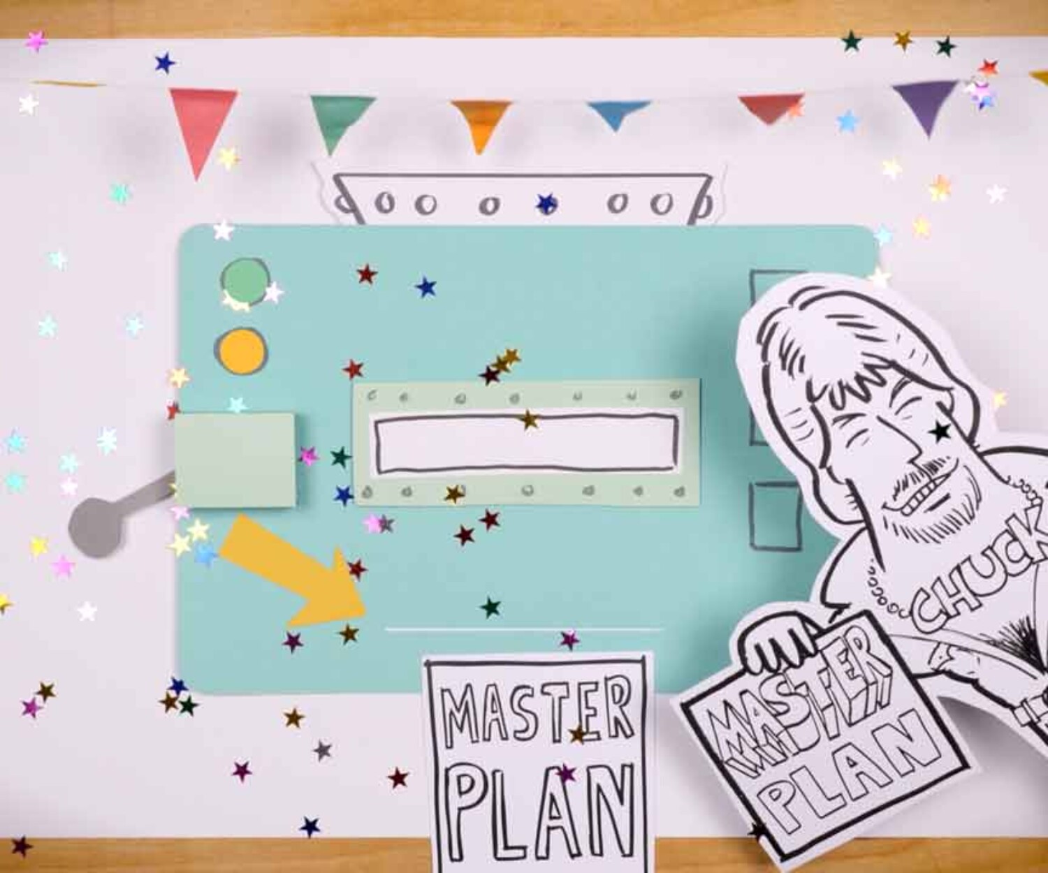 Erklärfilm Hannover Gezeichnete Darstellung von Chuck Norris, der einen Masterplan vor einer gezeichneten Spielautomaten hält. Startbild eines von 52° Film aus Hannover produzierten Erklärfilms.